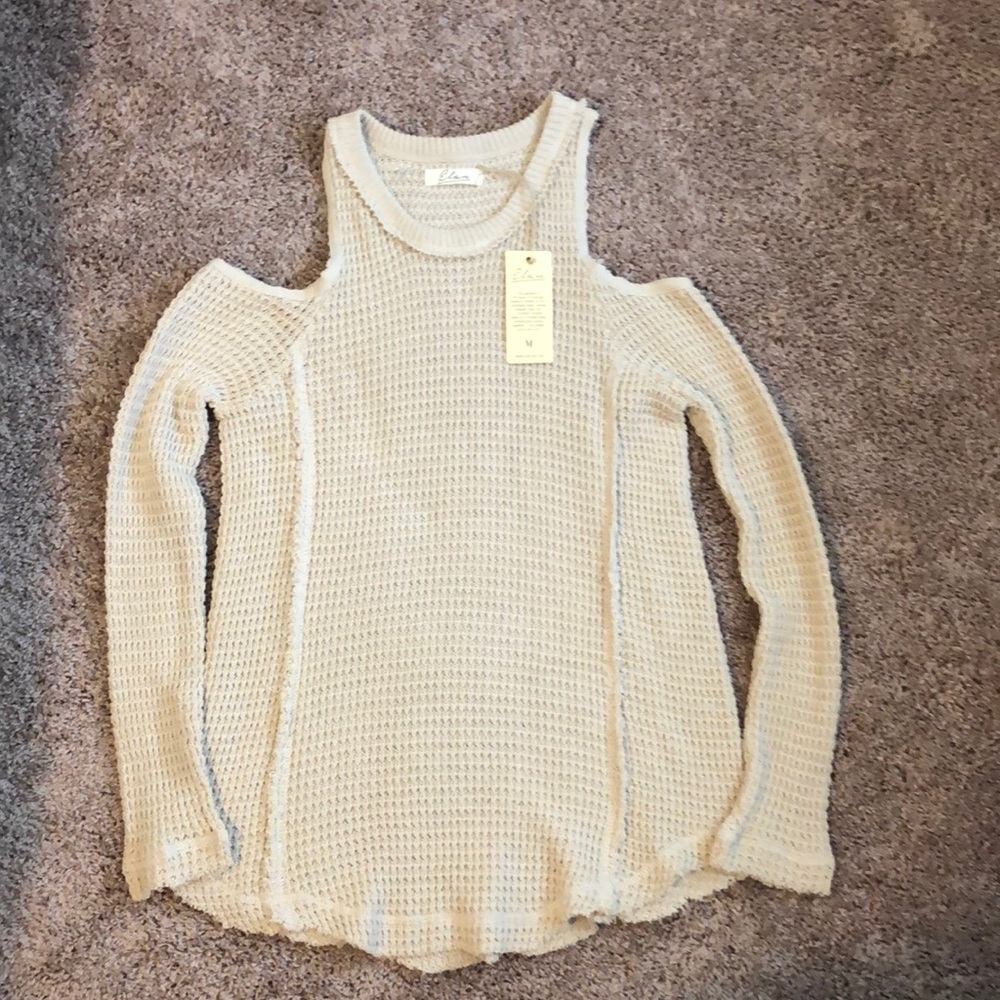 Cream, open-shoulder, waffle sweater